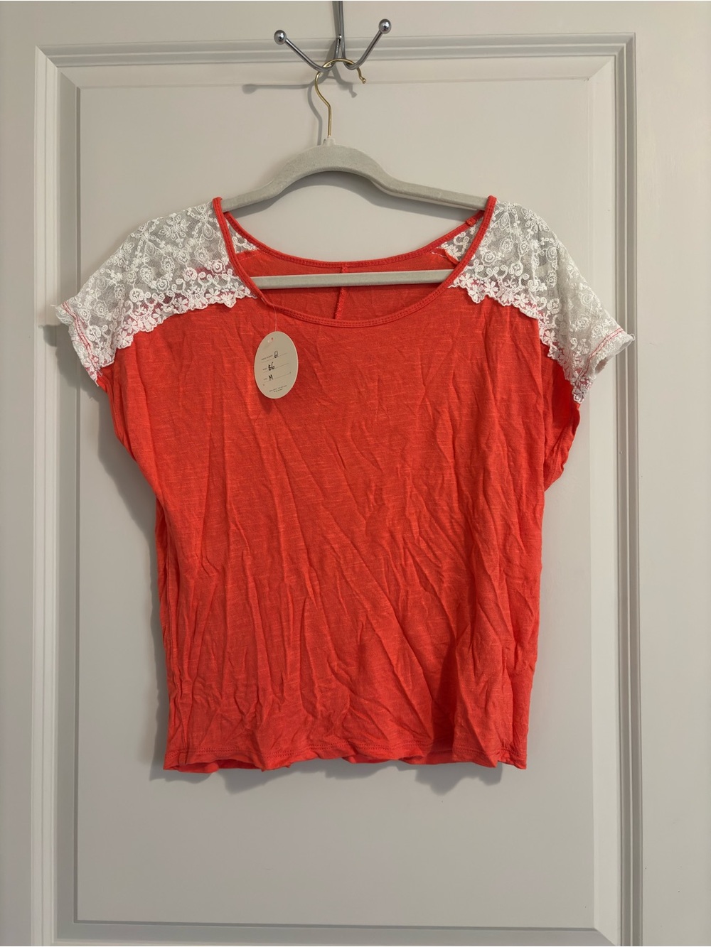 Marshalls Coral Tee with White Lace Shoulders